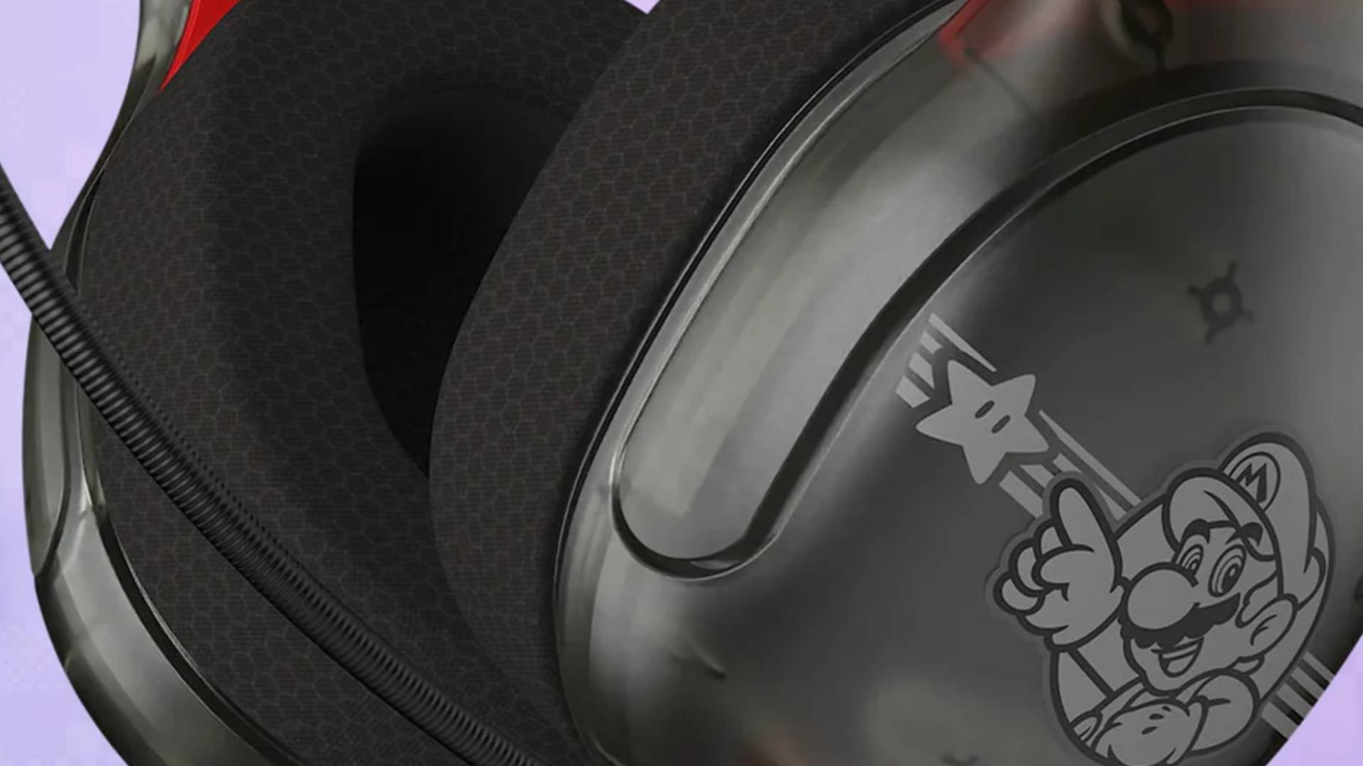 Close up of the Turtle Beach Mario Airlite Fit wired gaming headset earcup.