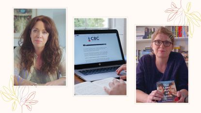 Three photos that represent Curtis Brown Creative on a peach background with floral illustration overlay. The photos are of authors Erin Kelly and Cathy Rentzenbrink and a laptop screen showing the online courses
