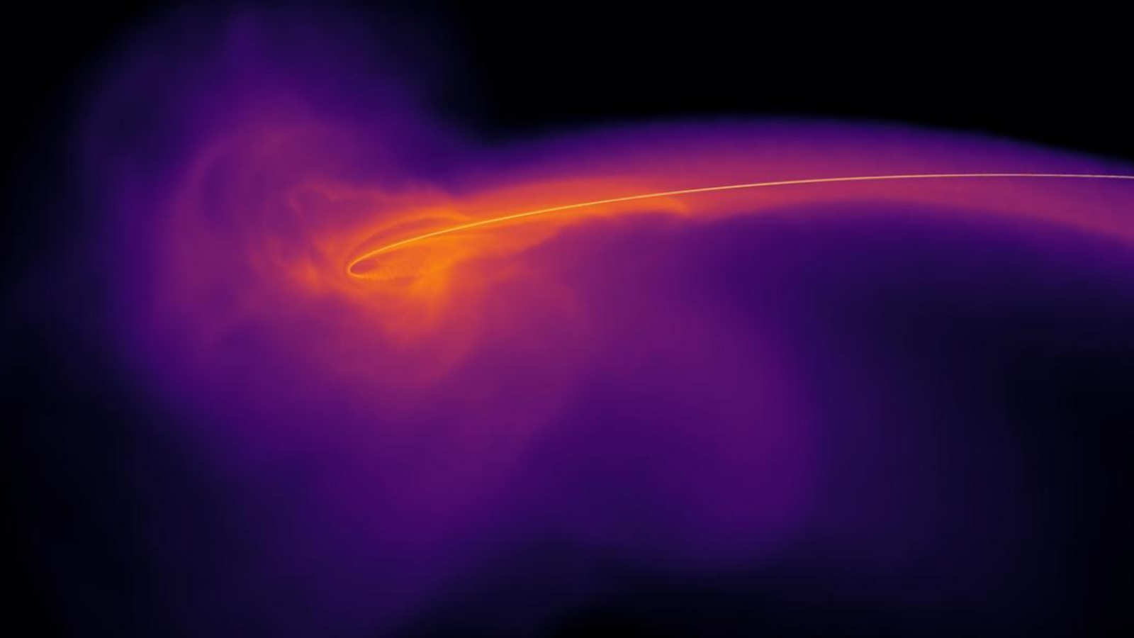 An orange vortex in the heart of a purple gas cloud