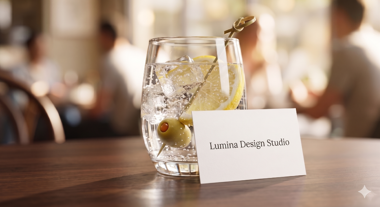 A photorealistic AI-generated image of a glass on a table in a cafe with dinners out of focus in the background