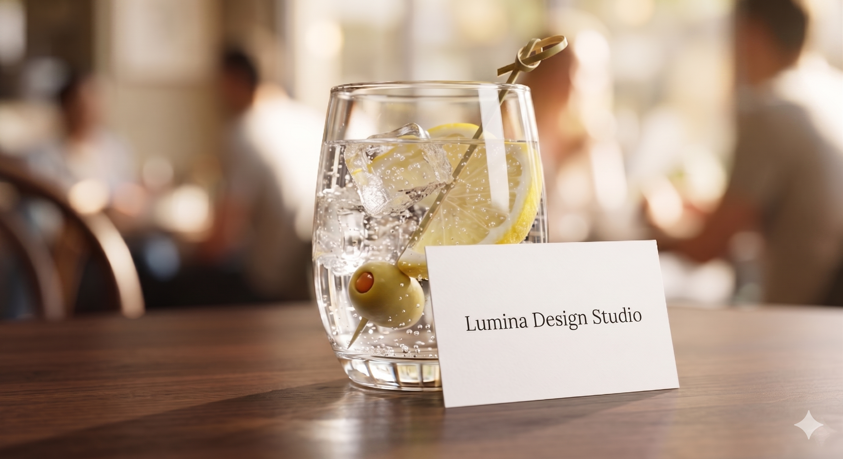 A photorealistic AI-generated image of a glass on a table in a cafe with dinners out of focus in the background