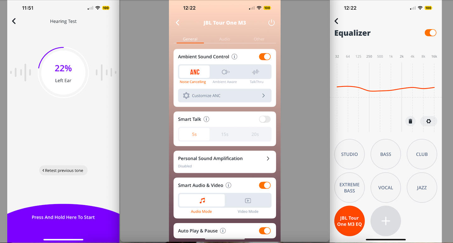 Trio of screenshots showing the JBL Headphones app: a hearing test, noise-cancellation options and equalizer settings