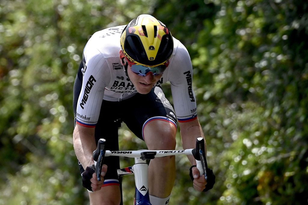 Team Bahrains Matej Mohoric of Slovenia rides ahead during the 19th stage of the 108th edition of the Tour de France cycling race 207 km between Mourenx and Libourne on July 16 2021 Photo by Philippe LOPEZ AFP Photo by PHILIPPE LOPEZAFP via Getty Images