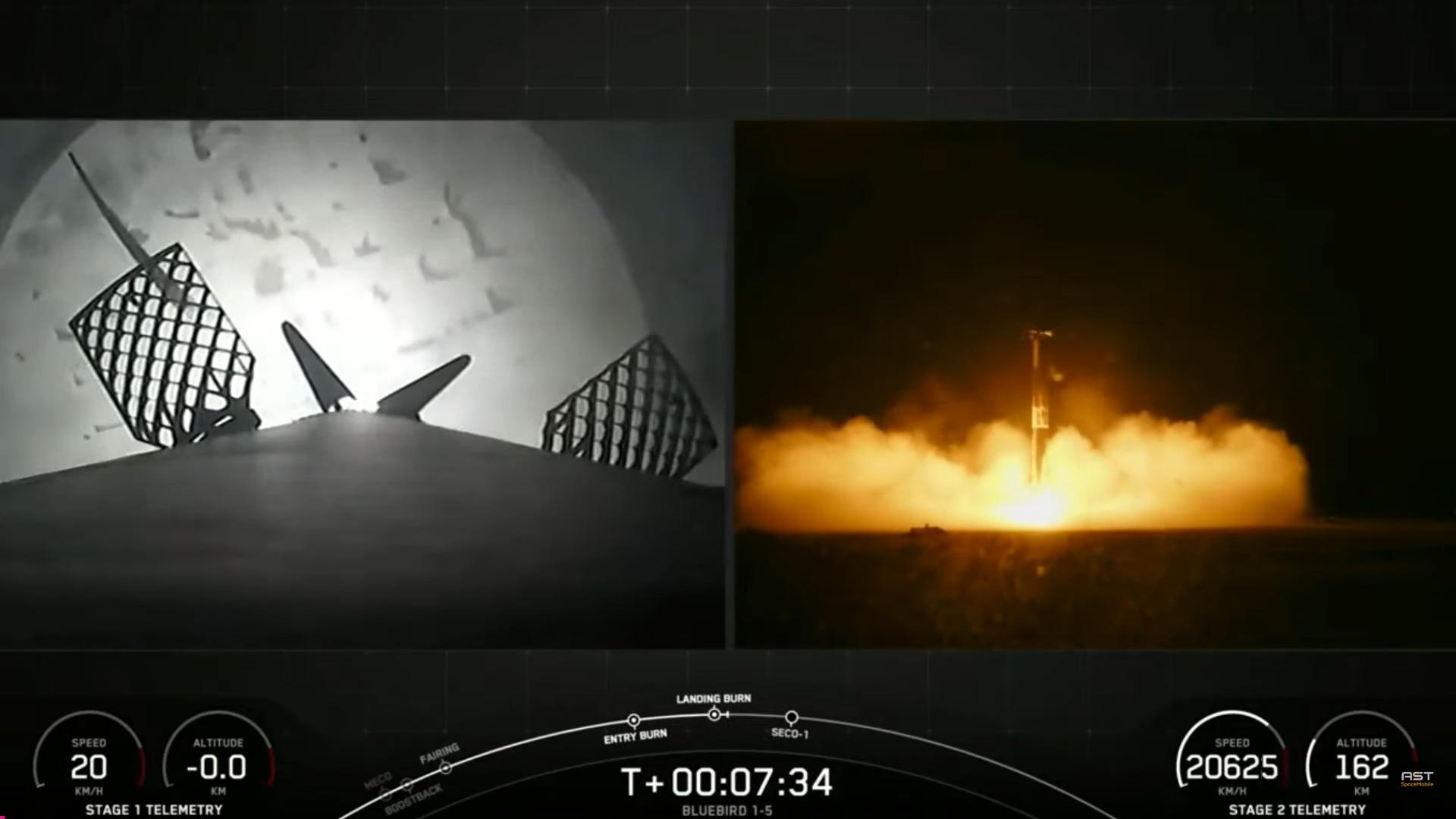 View from a SpaceX rocket during its nighttime landing on a landing platform