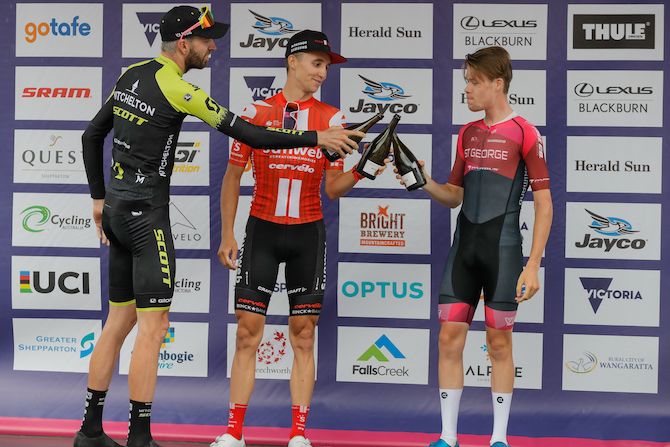 The stage 2 podium of Howson, Hindley and Berwick celebrate a job well done