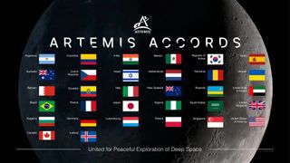 Artemis accords illustration showing all the flags of the member countries.