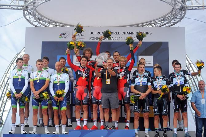 BMC with team manager Jim Ochowicz on the top step of the podium