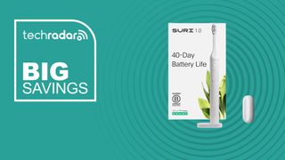 The SURI 1.0 Electric Toothbrush on a blue background with text saying Big Savings.