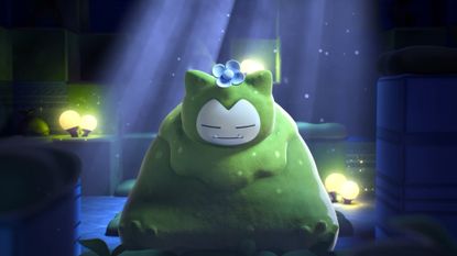 A Snorlax covered in moss sits in a dark room with moonlight streaming in from above. A screenshot from Pokopia.