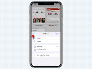 A red arrow points up at Edit in the Tab Groups menu in Safari in iOS 15