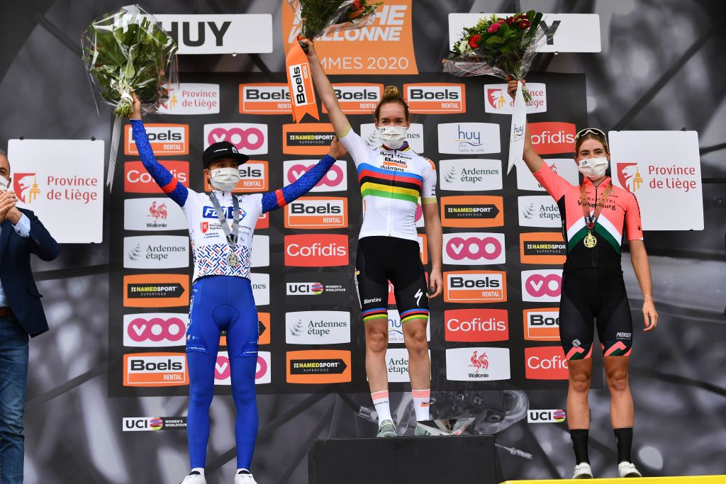 The women's podium at La Fleche Wallonne Feminine in 2020