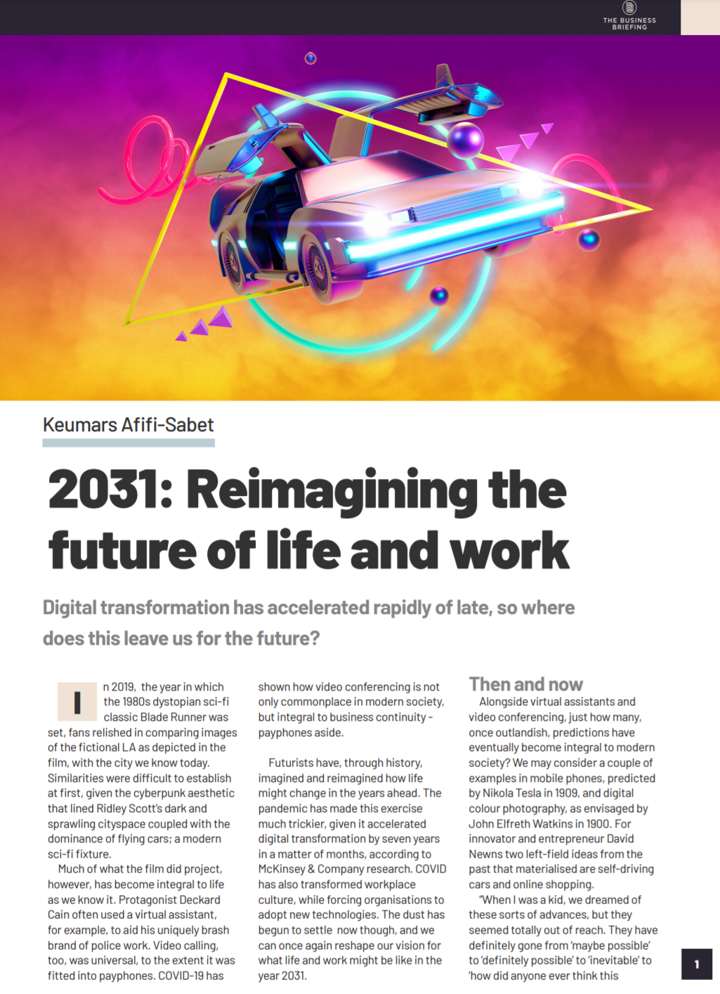 2031: Reimagining the future of life and work - A futuristic car flying through a yellow cloud with pink sky - The Business Briefing from IT Pro