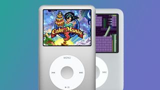 Two Apple iPods on a green and blue background showing games