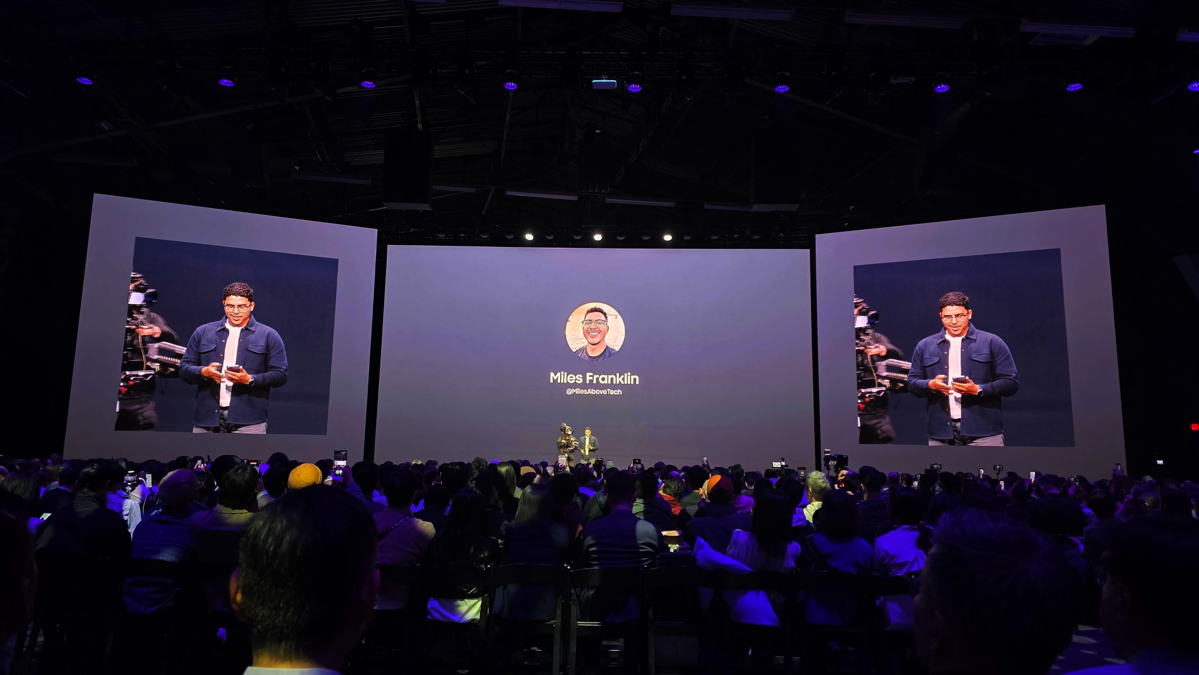 Miles Franklin on stage at Galaxy Unpacked February 2026 demoing the new Privacy Display feature