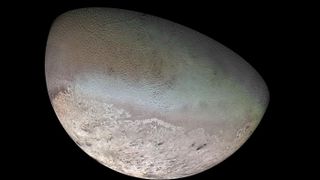 A Voyager 2 image of Neptune's largest moon, Triton, in 1989.