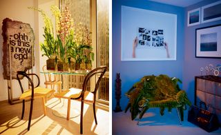 Split picture with table and chairs with plants on the left and alligator toy chair with photo on the wall on the right