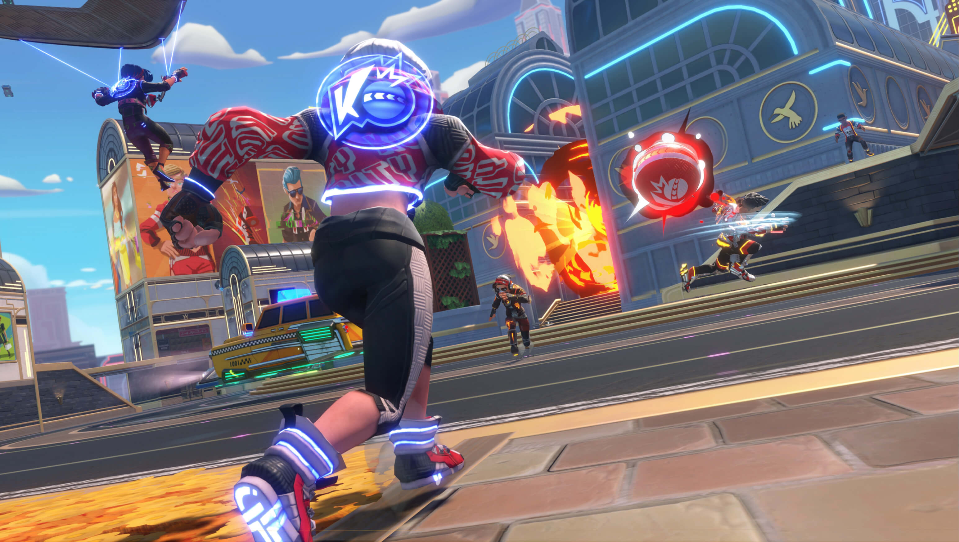 A screenshot of Knockout City, sowing a player throwing a dodgeball while other players run into the center of the arena