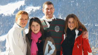 The Duchess of York, Princess Eugenie, the Duke of York and Princess Beatrice attend a photocall on February 18, 2003 in Verbier, Switzerland. Prince Andrew will celebrate his 43rd birthday on February 19.