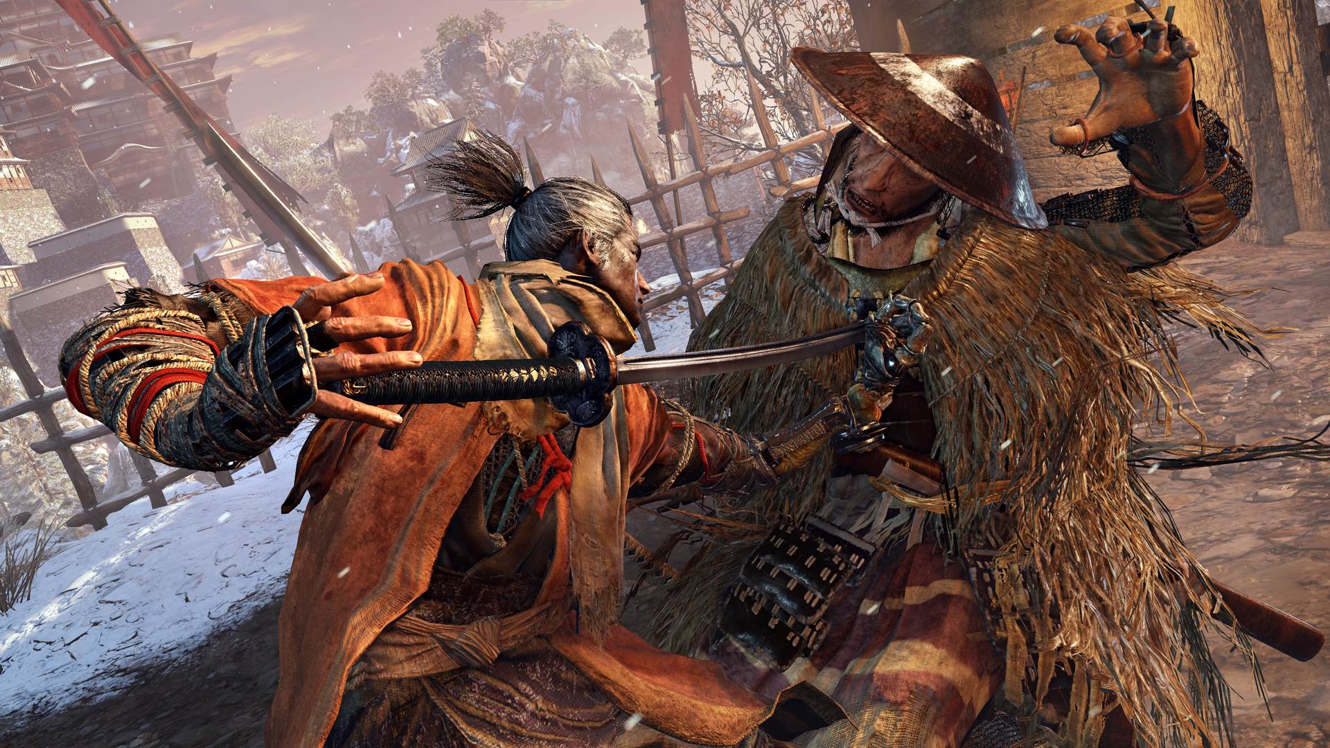 Samurai stabs a man.
