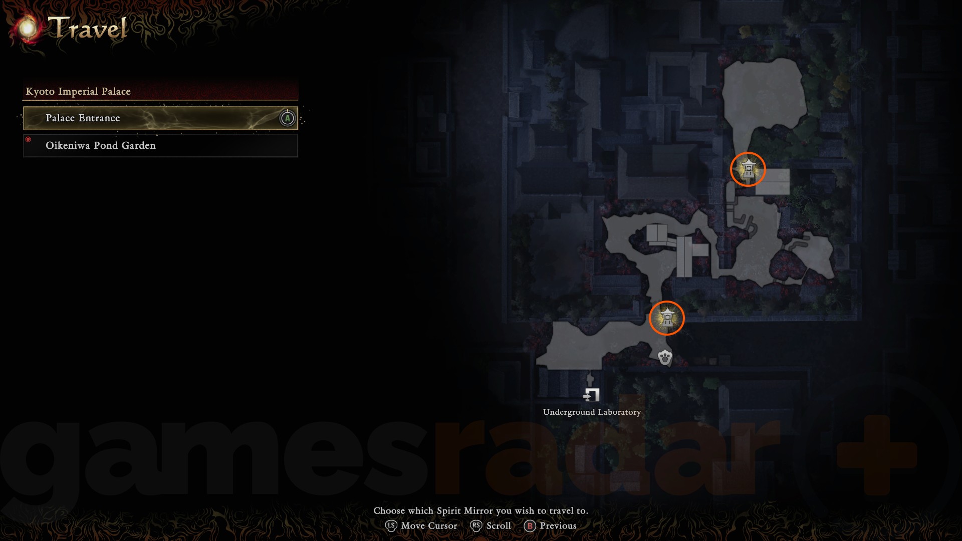 The Onimusha Way of the Sword Kyoto Imperial Palace fast travel locations marked on the in-game map.