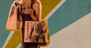 A woman carrying an Abercrombie & Fitch bag with a photo of a topless man on the front