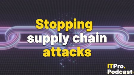 "Stopping supply chain attacks" in yellow and white text overlaid on top of an image of purple and pink neon chain links with one link shattering.