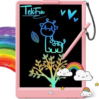 The Tekfun LCD writing tablet with blue and yellow pictures drawn on it