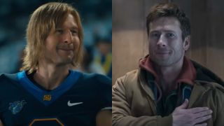 From left to right: Glen Powell wearing a face prosthetics and football gear in Chad Powers and Glen Powell putting his left hand over his heart in The Running Man.