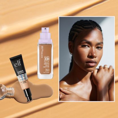 an edit of two foundations over a smeared background