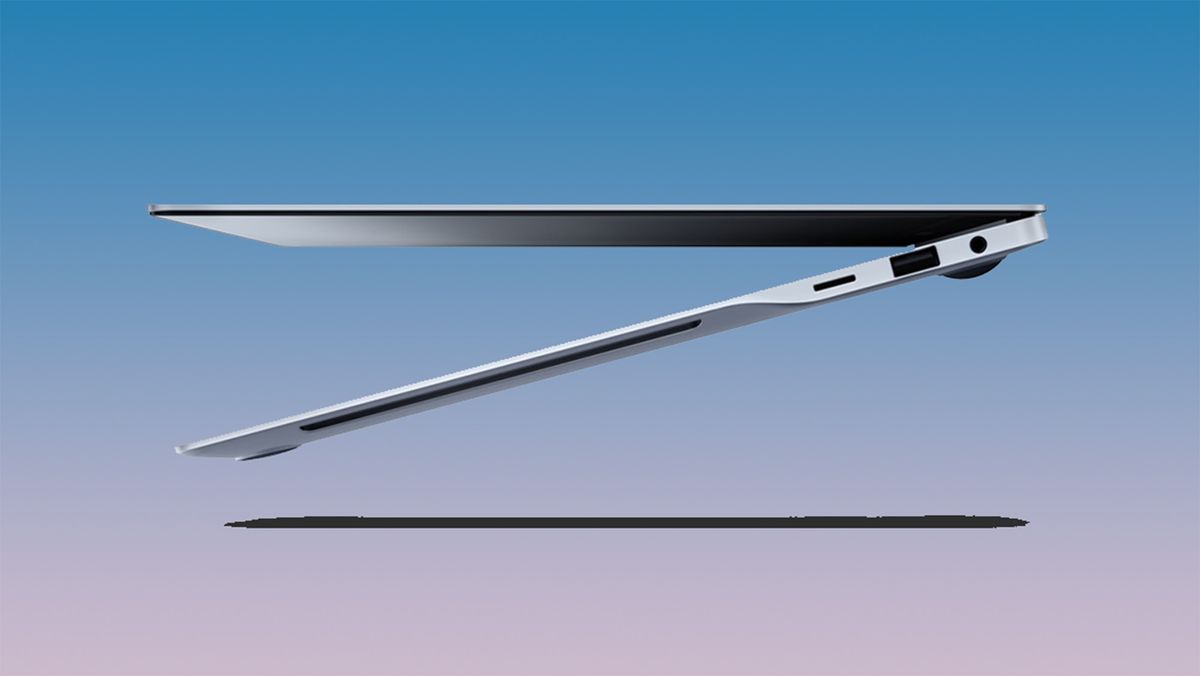 Sideview of Samsung Galaxy Book4 Edge slightly openon a gradient background with shadow below it