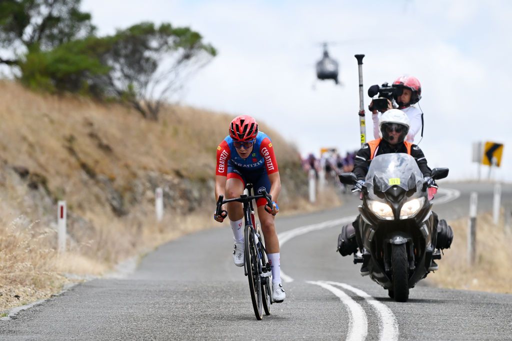 ALDINGA AUSTRALIA JANUARY 17 Daniek Hengeveld of The Netherlands and CeratizitWnt Pro Cycling Teamcompete in the breakaway during the 9th Santos Womens Tour Down Under 2025 Stage 1 a 101 9km stage from Brighton to Snapper PointAldinga UCIWWT on January 17 2025 in Aldinga Australia Photo by Dario BelingheriGetty Images