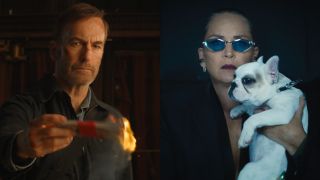 Bob Odenkirk burning money and Sharon Stone with a dog in her arm in Nobody 2 images