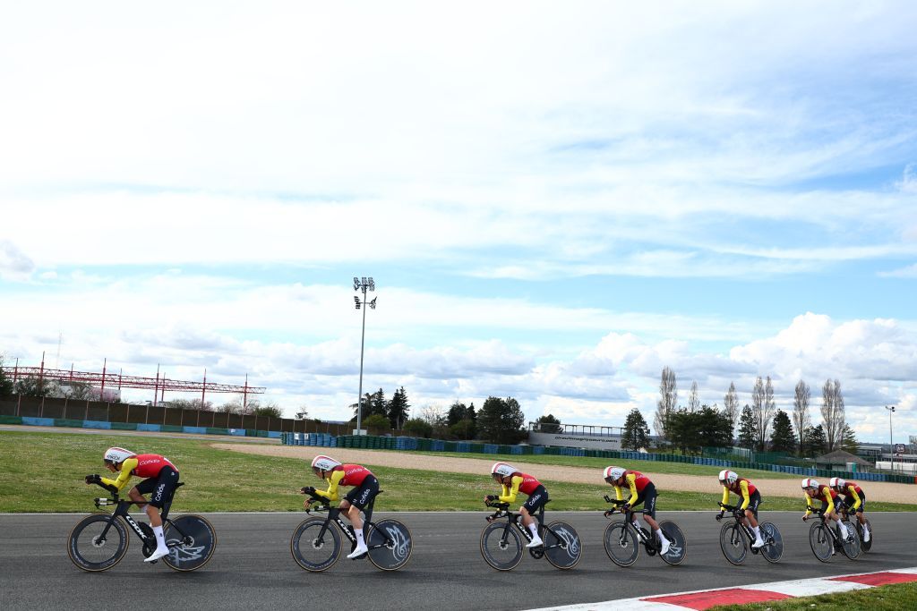 Cofidis riders pictured in action during stage three of the 83th edition of the Paris-Nice cycling race, a 28,4km team time trial at the Nevers Magny-Cours racetrack, in Nevers, France, Tuesday 11 March 2025.
BELGA PHOTO DAVID PINTENS (Photo by DAVID PINTENS / BELGA MAG / Belga via AFP)