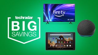 Amazon devices on a green TechRadar deals background