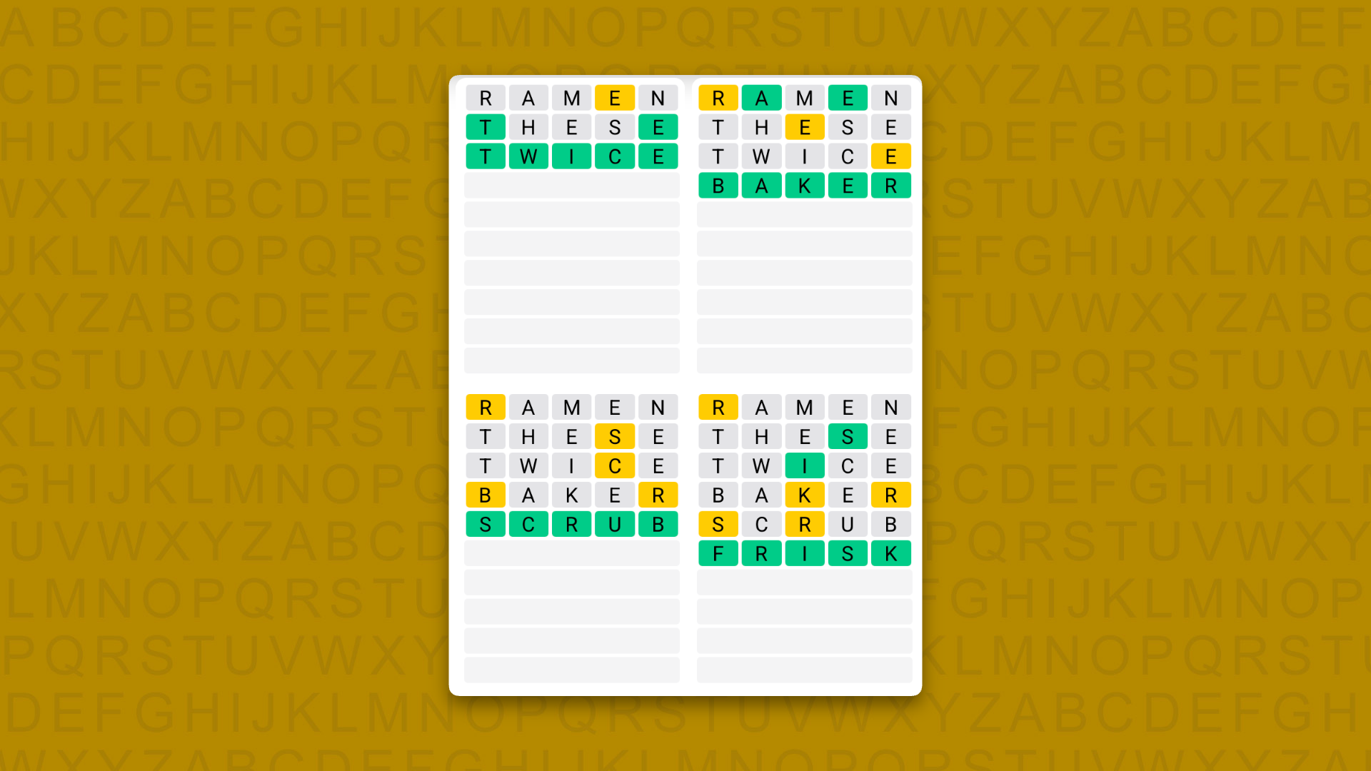 Quordle Daily Sequence answers for game 1713 on a yellow background