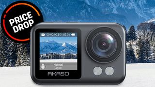 Akaso Brave 4 Elite product image in front of mountainous background, with 'Price Drop' roundel