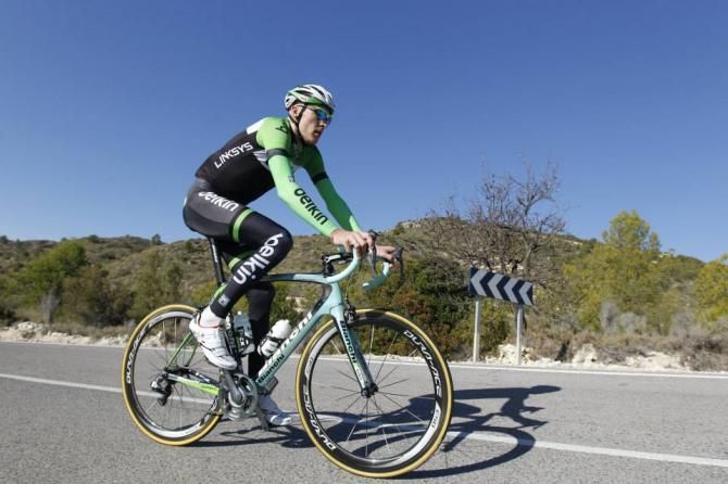 Team leader Robert Gesink on his new Bianchi road bike. He has ridden on Colnago and Giant in the past,
