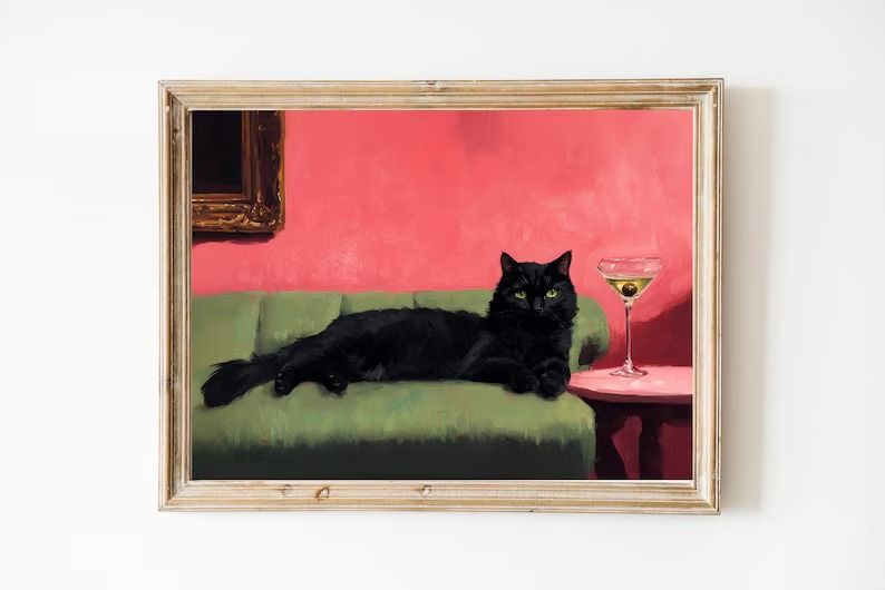 TheRetroClassicArtCo, Black Cat With Martini Art Print | Cute Quirky Whimsical | Cocktail Art Bar Cart Decor | Fine Art Print Gift | Trendy Home Wall Art