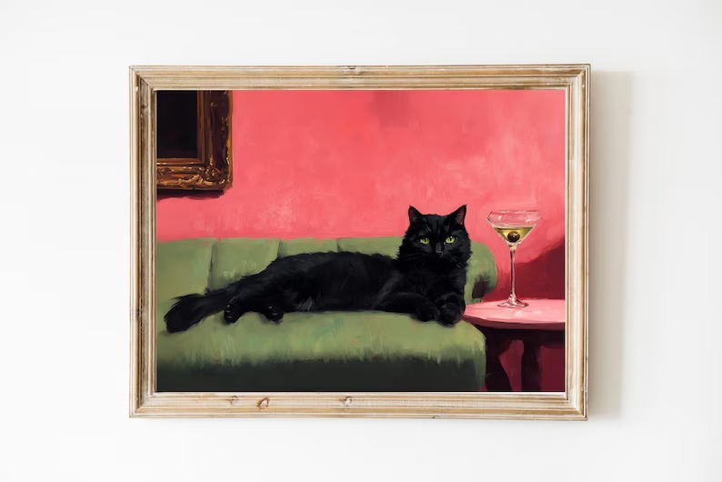 TheRetroClassicArtCo, Black Cat With Martini Art Print | Cute Quirky Whimsical | Cocktail Art Bar Cart Decor | Fine Art Print Gift | Trendy Home Wall Art