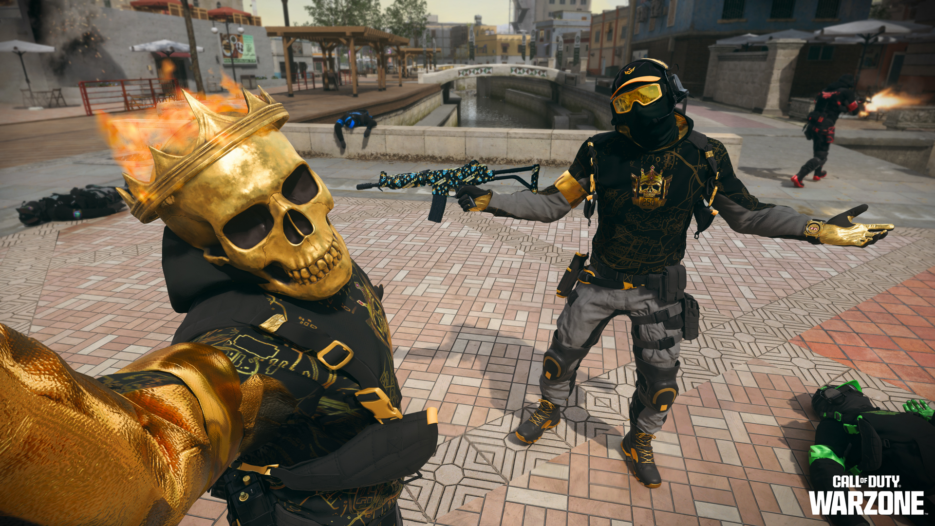 Call of Duty: Black Ops 6 operators, one featuring a skull face and a crown and both outfitted in gold trimmed military attire, pose for a selfie in Warzone.