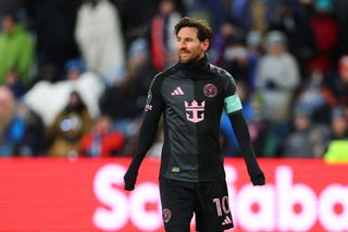 KANSAS CITY, KANSAS - FEBRUARY 19: Lionel Messi of Inter Miami reacts during a 2025 Concacaf Champions Cup first leg match between Sporting Kansas City and Inter Miami at Sporting Park on February 19, 2025 in Kansas City, Kansas. (Photo by Kyle Rivas/Getty Images)