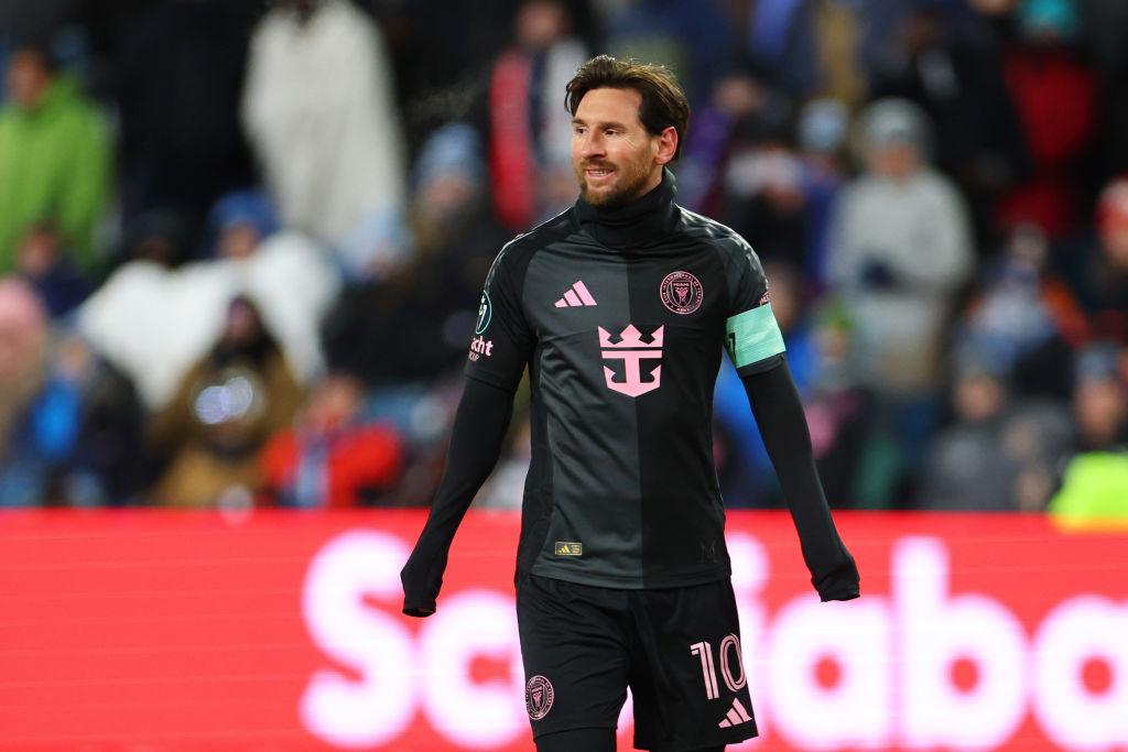 KANSAS CITY, KANSAS - FEBRUARY 19: Lionel Messi of Inter Miami reacts during a 2025 Concacaf Champions Cup first leg match between Sporting Kansas City and Inter Miami at Sporting Park on February 19, 2025 in Kansas City, Kansas. (Photo by Kyle Rivas/Getty Images)