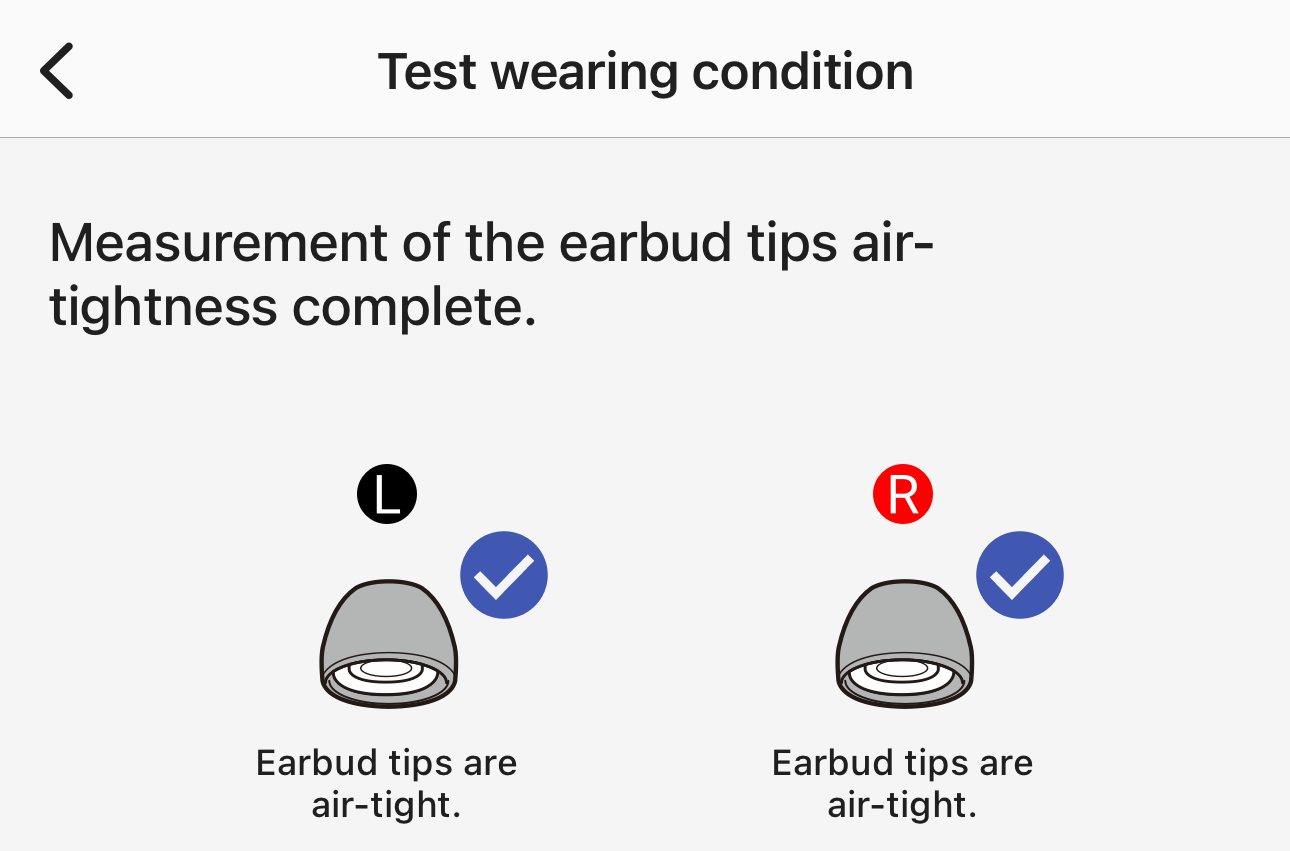 Screenshot of the earbud tips air-tightness test results for Sony WF-1000XM6