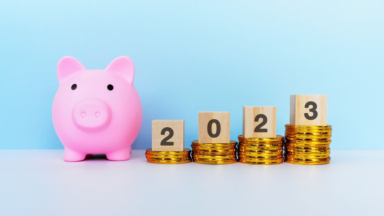 Piggy bank next to pile of coins