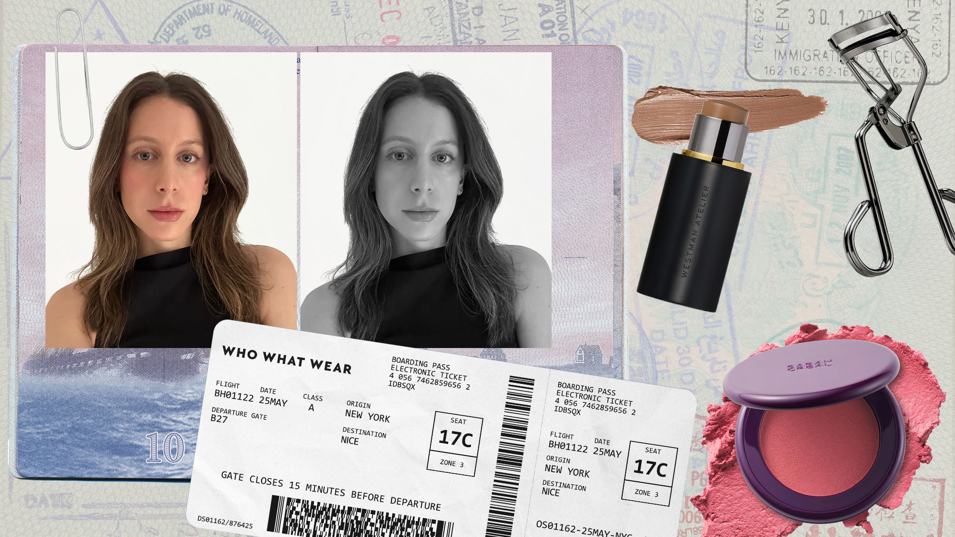 Collage of a selfie of WWW editor Jamie Schneider, a boarding pass, and makeup products.