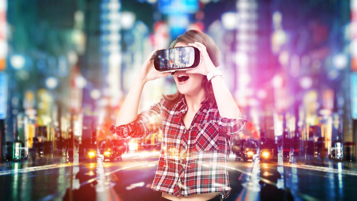 A woman using a mixed reality device in a highly saturated background