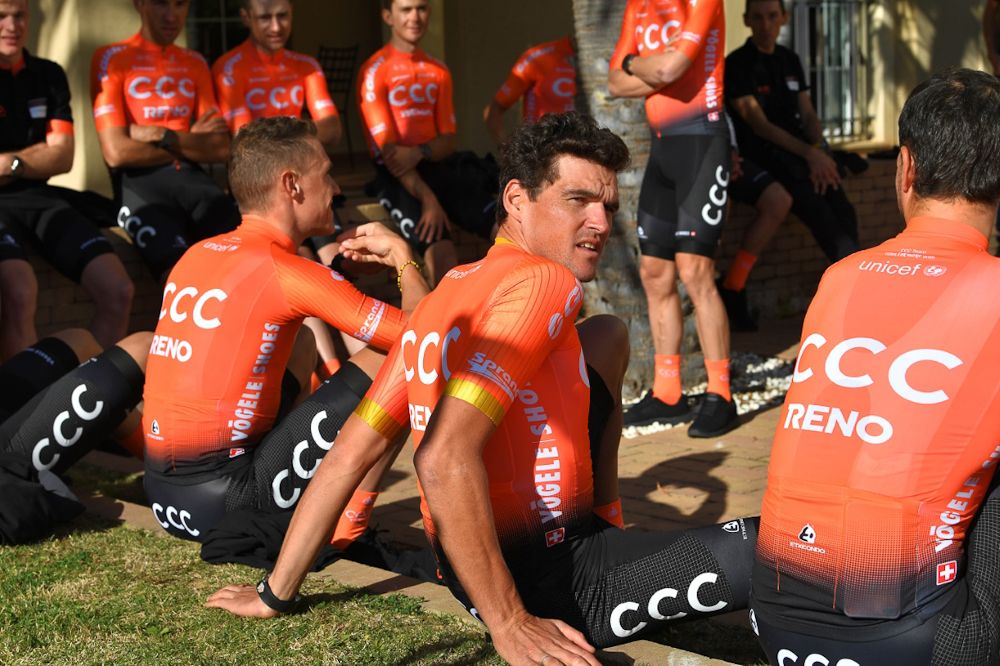 Greg Van Avermaet takes a break during team photos