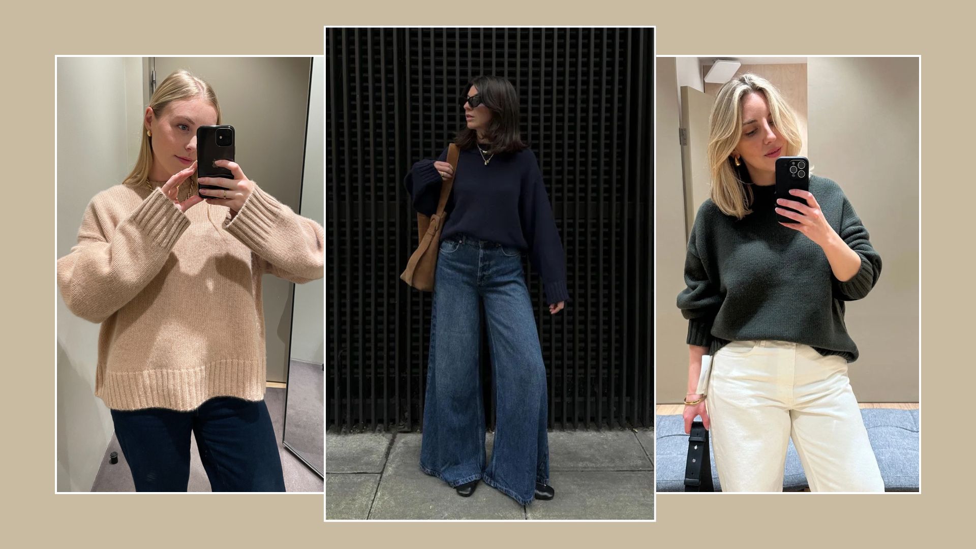 Woman wears beige jumper and blue jeans; woman wears navy jumper and blue jeans; woman wears khaki jumper and cream jeans 