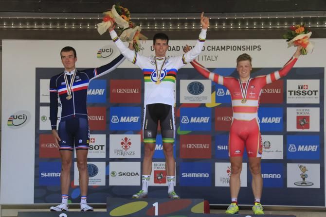 2013 U23 men's TT world championship podium (L-R): Yoann Paillot (France), Damien Howson (Australia) and Lasse Norman Hansen (Denmark)