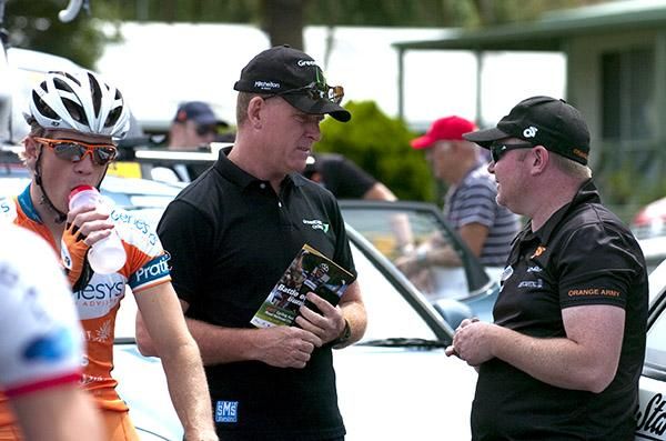 GreenEDGE's Shayne Bannan (left) chats with Genensys Wealth Adviser's Andrew Christie-Johnston in Buninyong.